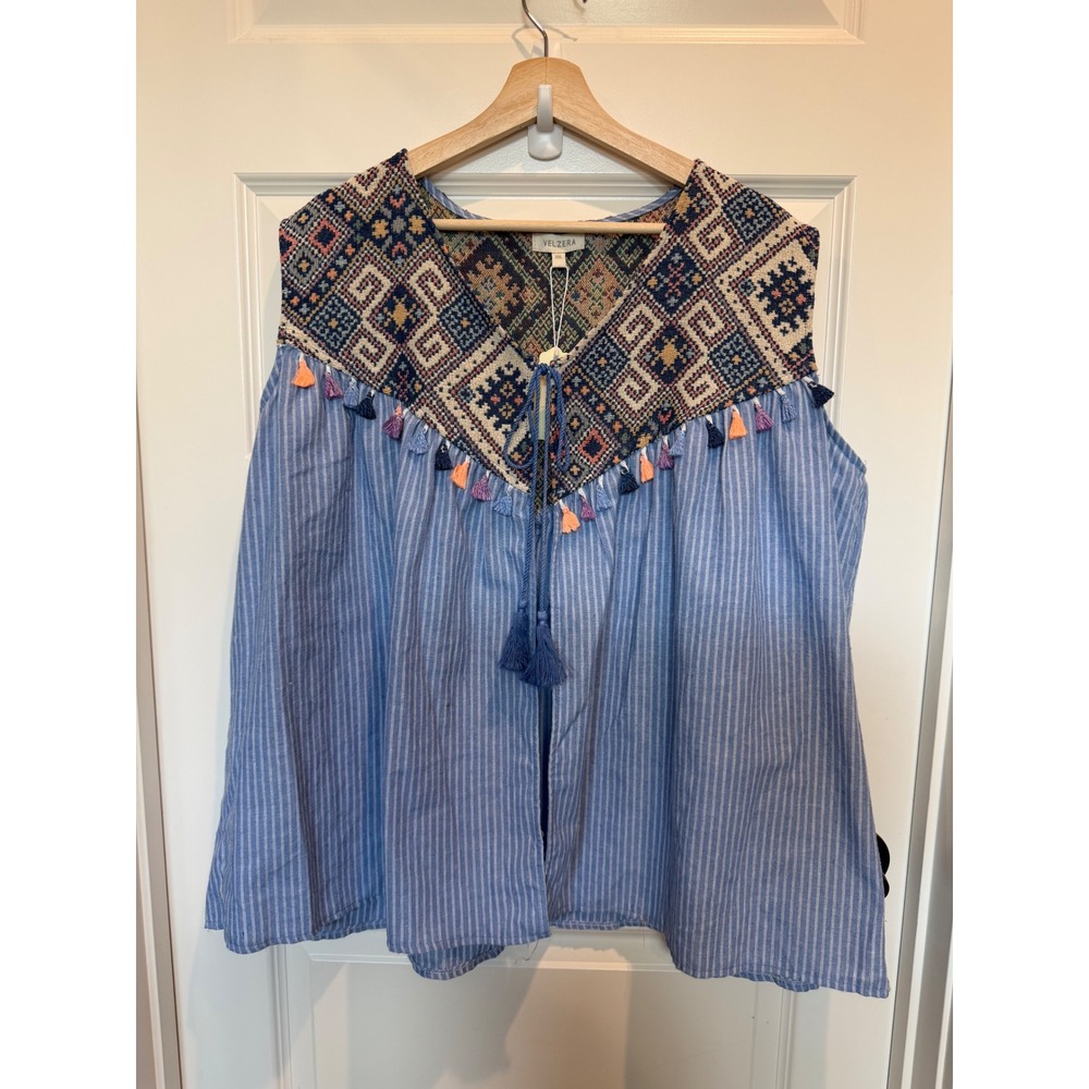 Velzera Women 3XL Blue Striped Woven Tapestry Yoke Tassel Sleeveless Tie Vest